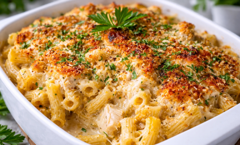 Garlic Parmesan Chicken Pasta Bake