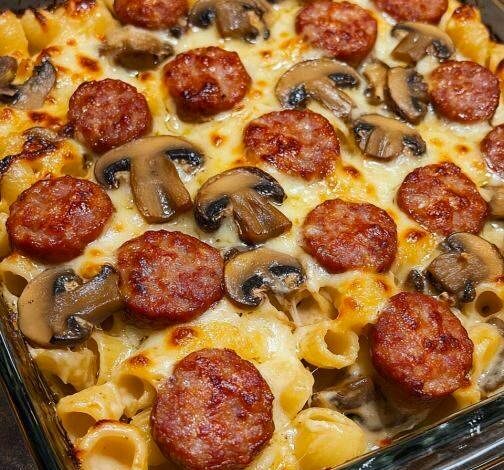 Oven-Baked Sausage and Mushroom Pasta Gratin